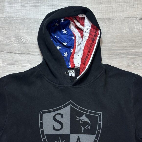 Men's Black Hoodie Fishing SA Co Classic American Flag Shield Size XL EUC - Picture 5 of 9